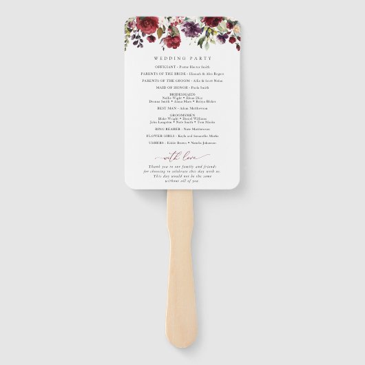 Éventail Fleurs Bourgognes, Fleurs Roses, Programme Mariage (Dos)