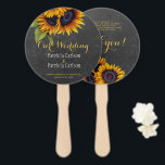 Éventail Fleurs de soleil rustique gris chalkboard mariage<br><div class="desc">Elégant mariage campagnard rustique faveur merci modèle de ventilateur à main ronde avec de beaux bouquets de tournesols jaune et orange brillant et un script de calligraphie en faux or chic sur un arrière - plan de tableau noir gris foncé. Facile à personnaliser avec vos détails ! Convient pour le...</div>
