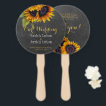 Éventail Fleurs de soleil rustique gris chalkboard mariage<br><div class="desc">Elégant mariage campagnard rustique faveur merci modèle de ventilateur à main ronde avec de beaux bouquets de tournesols jaune et orange brillant et un script de calligraphie en faux or chic sur un arrière - plan de tableau noir gris foncé. Facile à personnaliser avec vos détails ! Convient pour le...</div>