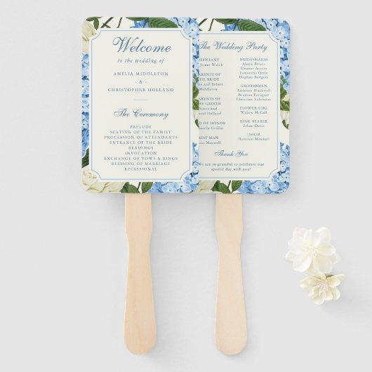 Éventail Fleurs d'hortensia bleues Roses blanches Programme (Devant et derrière)