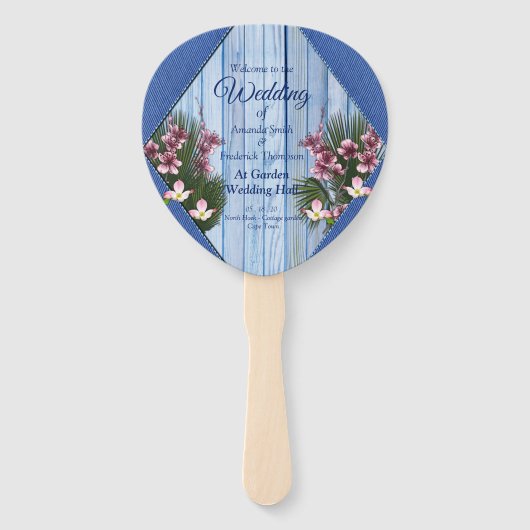 Éventail Fleurs graphiques roses sur tissu en bois bleu (Devant)