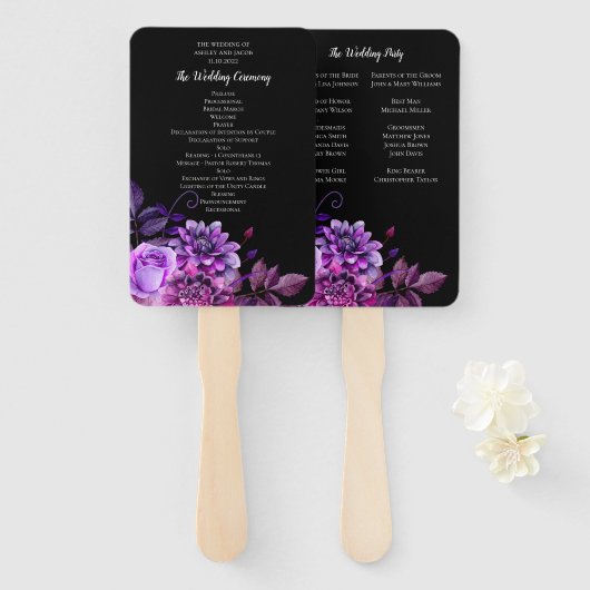 Éventail Fleurs noires et violettes. Programme de mariage f (Devant et derrière)