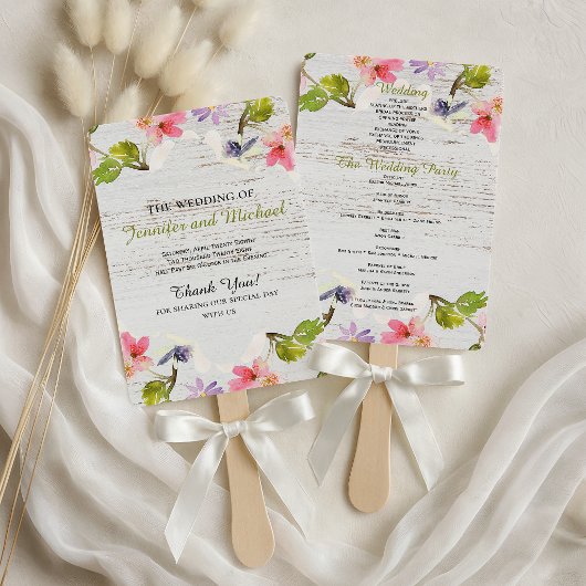 Éventail Fleurs roses rustiques sur programme de mariage en