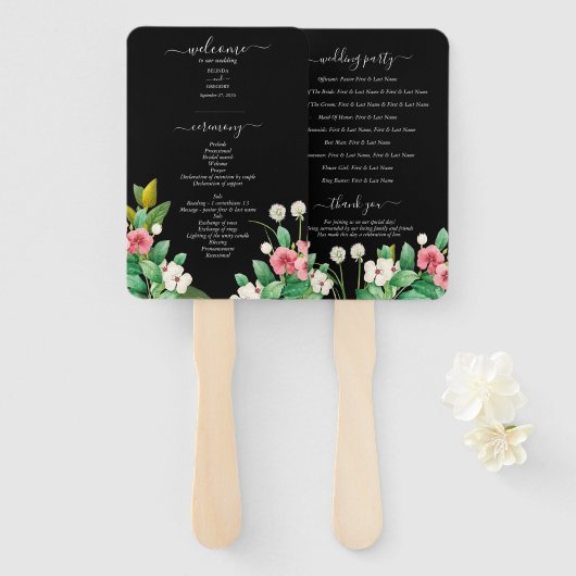 Éventail Fleurs Sauvages Mariage Pervenche Noir Programme (Devant et derrière)