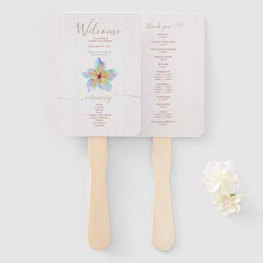 Éventail Floral Aquarelle Plumeria Terracotta Mariage (Devant et derrière)