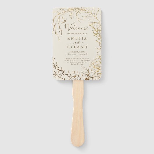 Éventail Floral doré | Ventilateur du programme de mariage  (Devant)