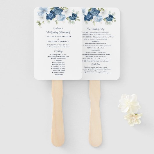 Éventail Floral Dusty Blue Script Wedding Programme (Devant et derrière)