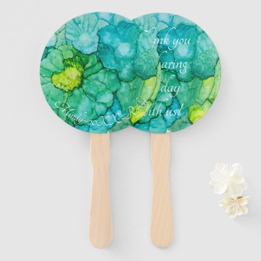 Éventail Forme : Ventilateur à main ronde "Fleurs bleues-ve (Devant et derrière)