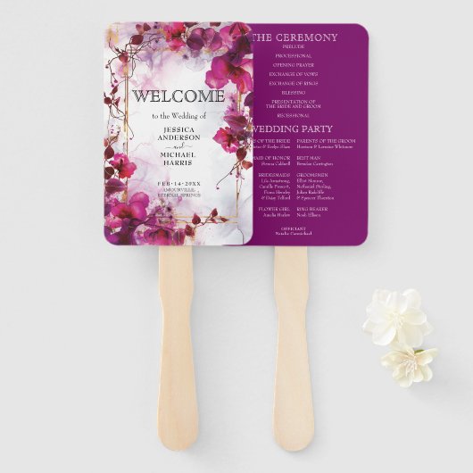 Éventail Fuchsia Enchantment : programme de mariage aquarel (Devant et derrière)