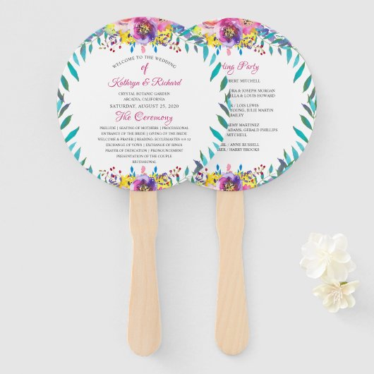 Éventail Fuchsia Gold Floral Chic Wedding Programme Fan à m (Devant et derrière)