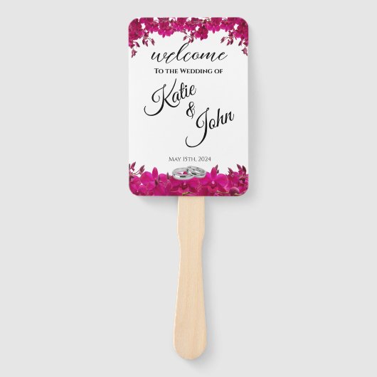 Éventail Fuchsia Orchidées sur le programme de mariage blan (Devant)