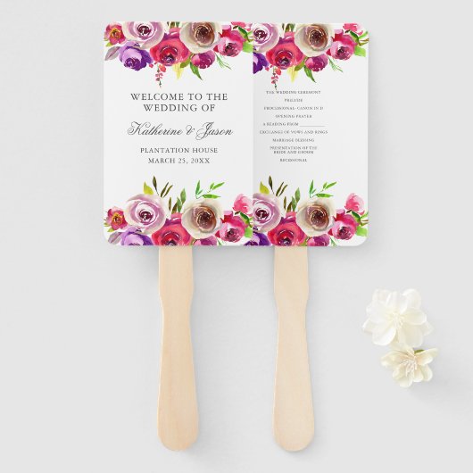 Éventail Fuchsia Rose Floral Romantique Rose Jardin Mariage (Devant et derrière)