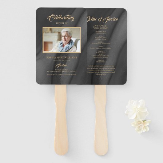 Éventail Funérailles Noir & Or Calligraphie Ensemble de ven (Devant et derrière)