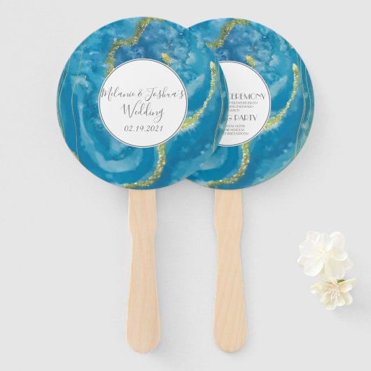 Éventail Géodes d'agate modernes Cristal Bleu Or Mariage Ro (Devant et derrière)