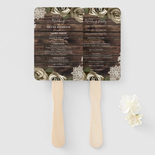 Éventail Glam en or clair Rose Rustique Mariage dentelle en (Devant et derrière)