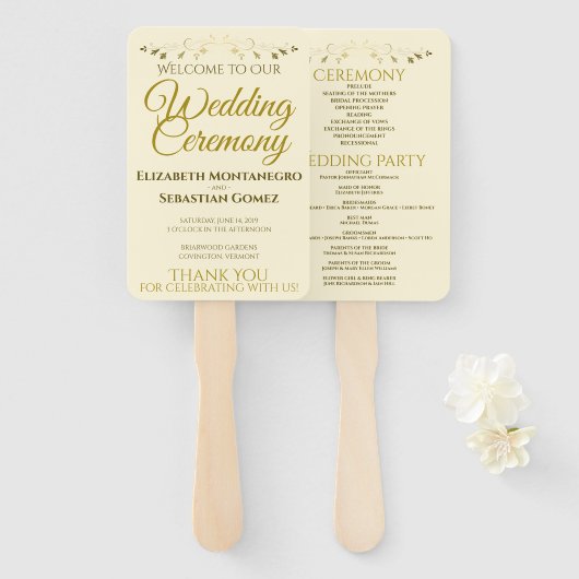 Éventail Gold & Cream Élégant programme de mariage fleuri (Devant et derrière)