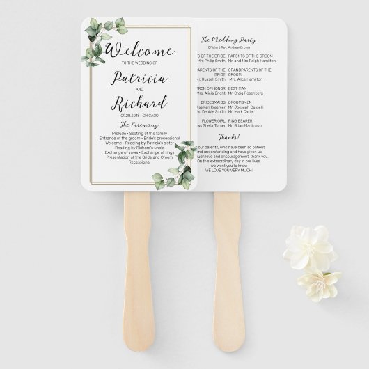 Éventail Gold Frame Green Mariage Ceremony Programme (Devant et derrière)