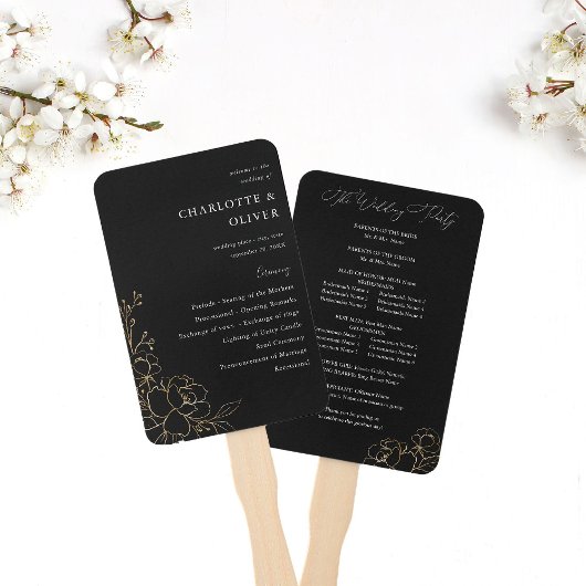 Éventail Gold Lined Floral Wedding Programme - Noir