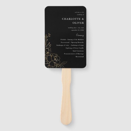 Éventail Gold Lined Floral Wedding Programme - Noir (Devant)