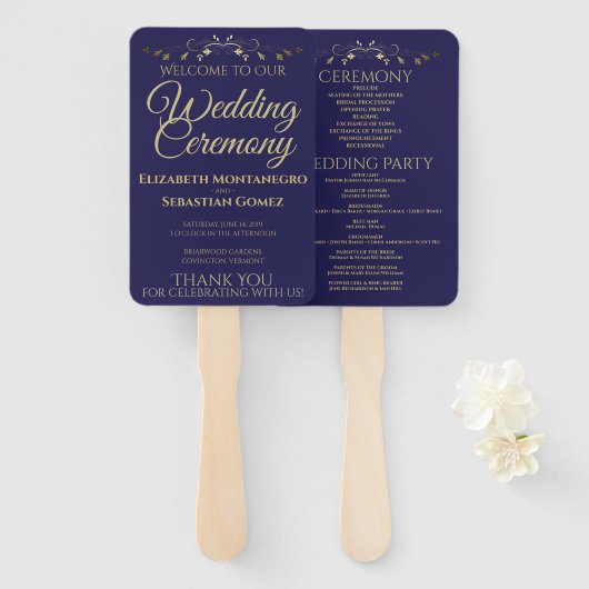 Éventail Gold & Navy Blue Elegant Flourish Wedding Programm (Devant et derrière)