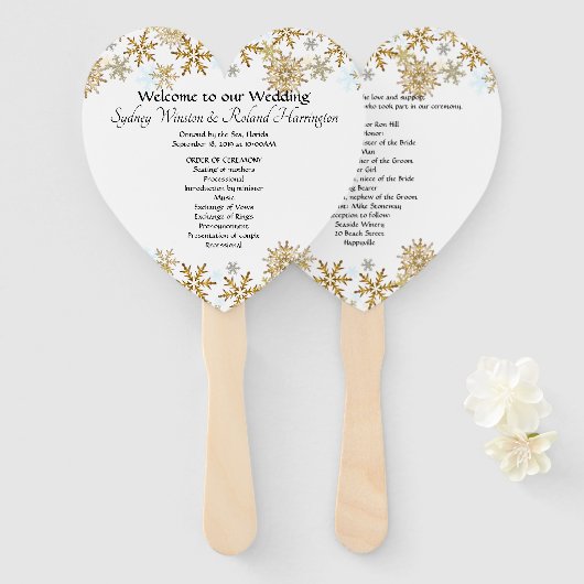 Éventail Gold Snowflakes Programme de ventilateur Mariage e (Devant et derrière)