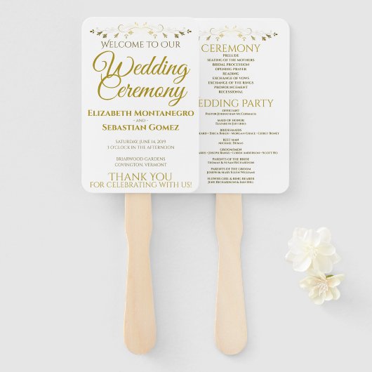 Éventail Gold & White Élégant programme de mariage florissa (Devant et derrière)