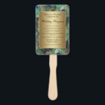 Éventail Golden Peacock Feather Wedding Programme<br><div class="desc">Programme de mariage et détails de la fête de mariage sur mesure imprimé sur un ventilateur pratique... Arrière - plan élégant et raffiné en plumes de paon dans les riches couleurs saturées de bleu royal, or de cuivre et vert émeraude turquoise. Le paon est un oiseau majestueux avec des plumes...</div>