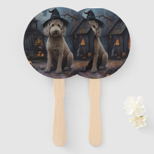 Éventail Goldendoodle Citrouilles Halloween Effrayant (Devant et derrière)