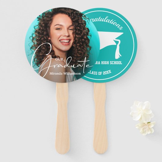 Éventail Grad Casquette Moderne Graduate Photo Turquoise (Devant et derrière)