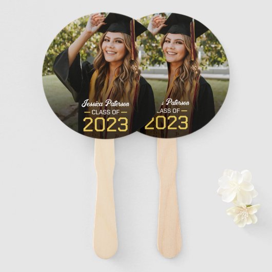 Éventail Graduation Jaune Script Grad Photo Parti moderne (Devant et derrière)