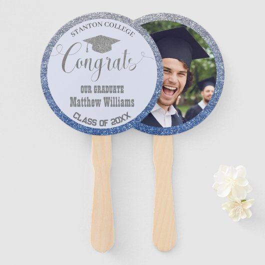 Éventail Graduation Moderne Bleu et Argent Photo Graduate (Devant et derrière)