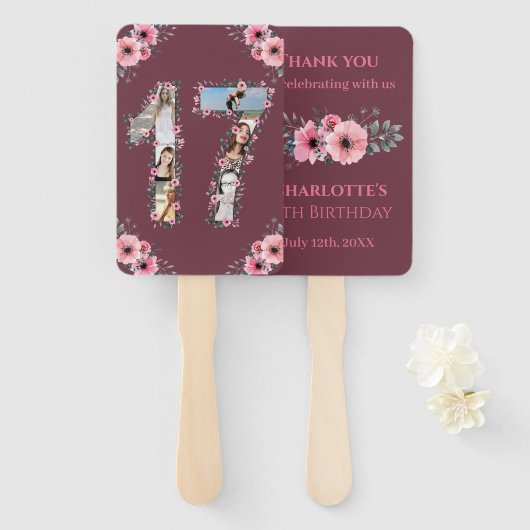 Éventail Gros 17ème anniversaire Photo Collage Rose Fleur f (Devant et derrière)