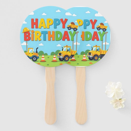 Éventail Happy birthday construction builder theme (Devant et derrière)