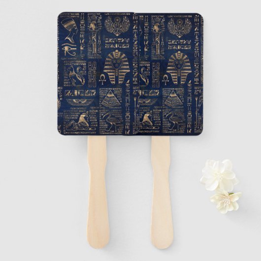 Éventail Hiéroglyphes et divinités égyptiennes-or sur marbr (Devant et derrière)