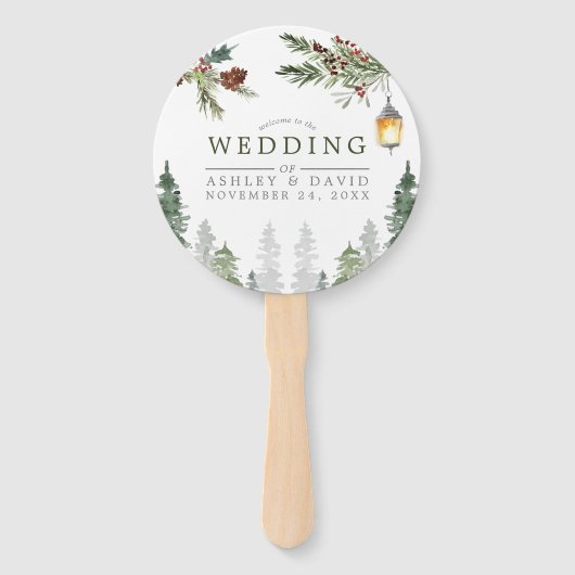 Éventail Hiver Pins Rustiques Mariage de lanterne botanique (Devant)