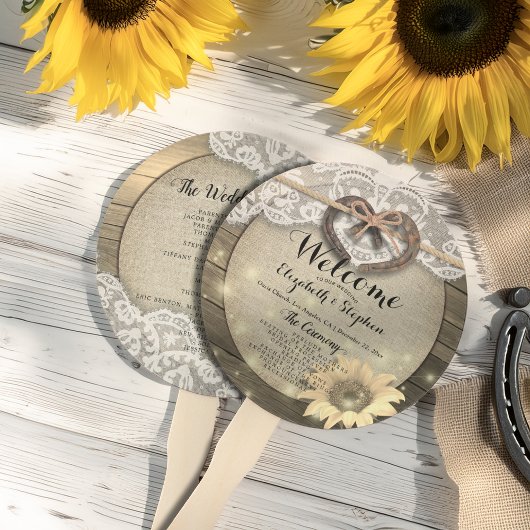 Éventail Horseshoe Sunflower Programmes de mariage en bois 