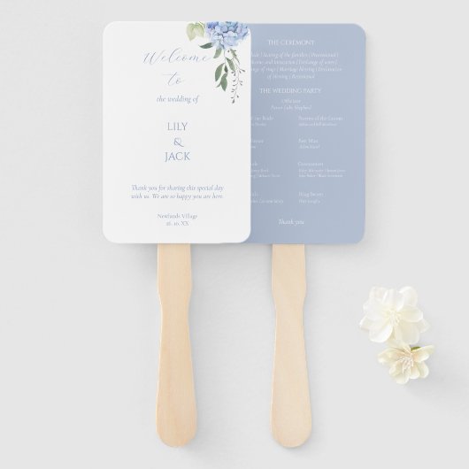 Éventail Hydrangée florale bleu et blanc Dusty Ensemble de  (Devant et derrière)