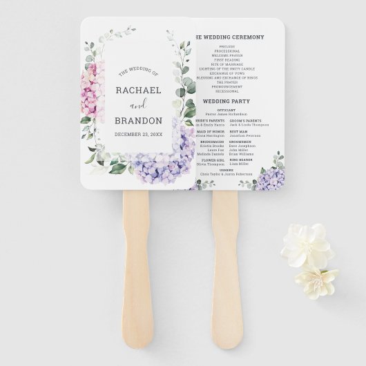 Éventail Hydrangées rose pâle et mariage d'eucalyptus (Devant et derrière)