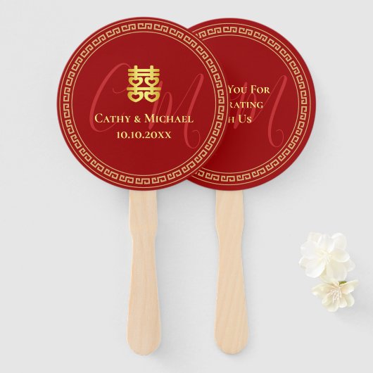 Éventail Initiales de couple mariage chinois rouge (Devant et derrière)