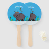 Éventail Ippopotame drôle mignon avec dessin animé d'oiseau (Devant et derrière)