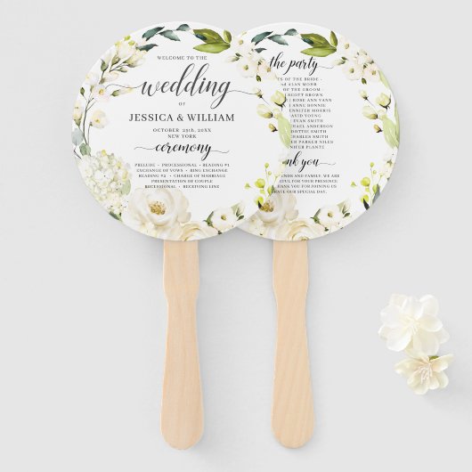 Éventail Ivory White Roses Verdure Floral Wedding Programme (Devant et derrière)