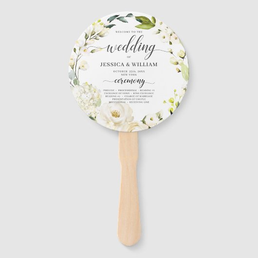 Éventail Ivory White Roses Verdure Floral Wedding Programme (Devant)