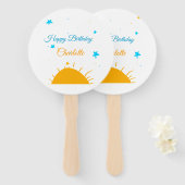 Éventail Jaune soleil bleu étoiles heureux anniversaire ajo (Devant et derrière)