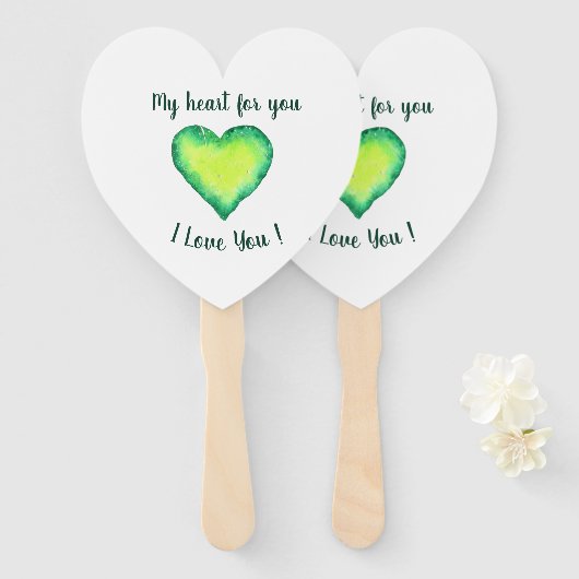 Éventail Je t'aime Mignonne Vert et Bleu Saint Valentin (Devant et derrière)