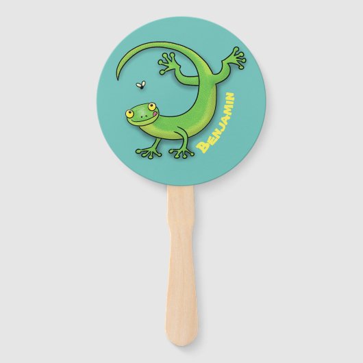 Éventail Joli gecko vert salutations avec dessin animé (Devant)