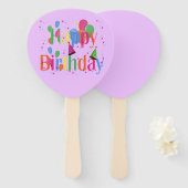Éventail Joyeux anniversaire avec ballons sur violet (Devant et derrière)