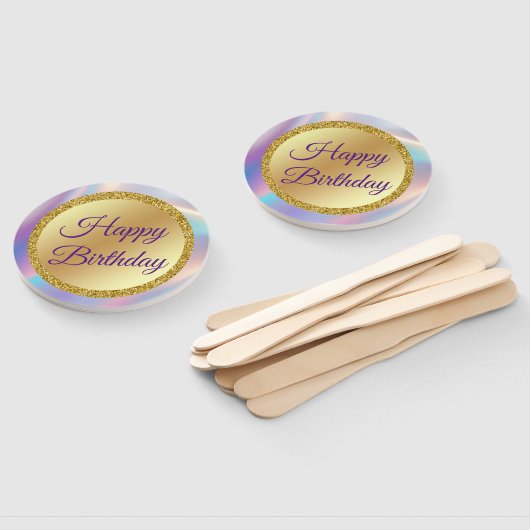 Éventail joyeux anniversaire, or violet holographique style (Non-assemblé)