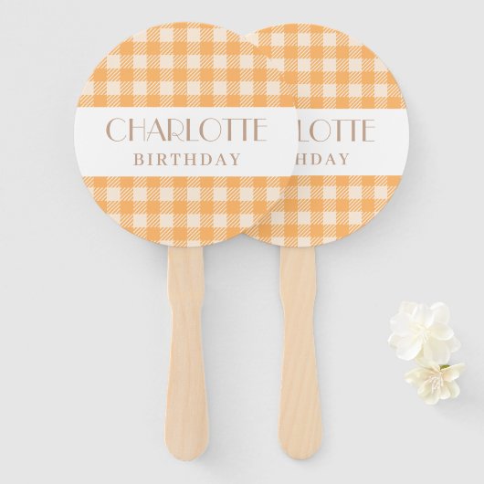 Éventail Joyeux Fun Orange en vichy plaid chèque anniversai (Devant et derrière)