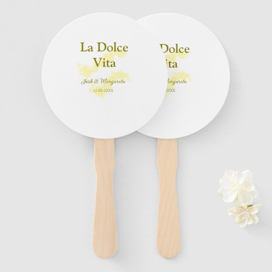 Éventail La Dolce Vita jaune mariage couple Nom date glit (Devant et derrière)