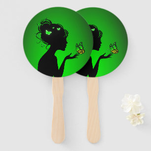 Éventail La femme papillons verts